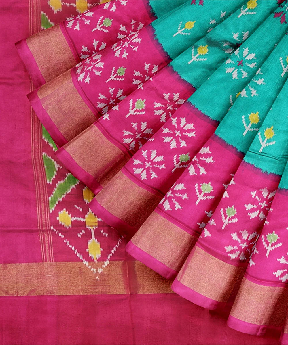 Sea Green Pink Handloom Pochampally Ikat Silk Saree