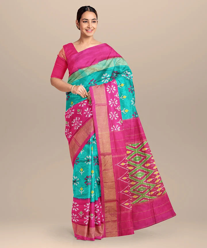 Sea Green Pink Handloom Pochampally Ikat Silk Saree